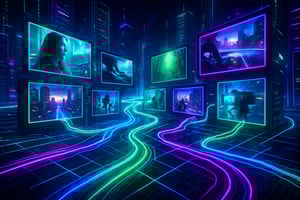 neonpunk In a futuristic digital landscape reminiscent of a blend between the Matrix and Tron visualize a vibrant neonlit cityscape filled with interc