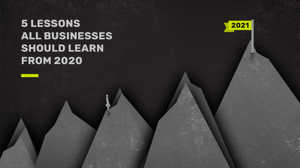 Graphic rendering of businessman climbing the obstacle mountains to 2021